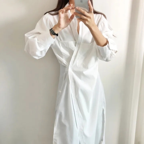 尺寸更新chic韩版春季小众设计感复古时尚单排扣长袖衬衫裙连衣裙
