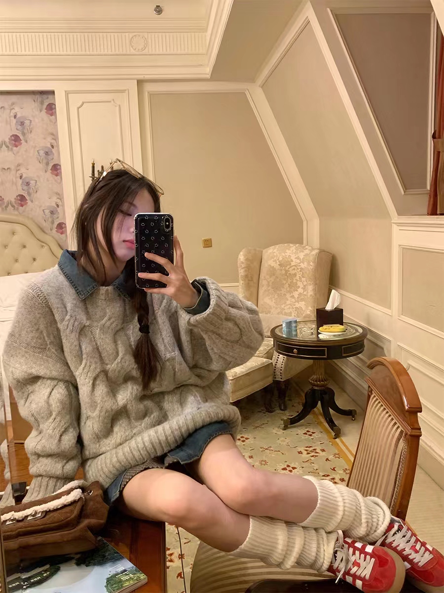 荒荒家 隨性麻花毛衣女秋冬時尚潮流可愛寬鬆慵懶風套頭針織上衣
