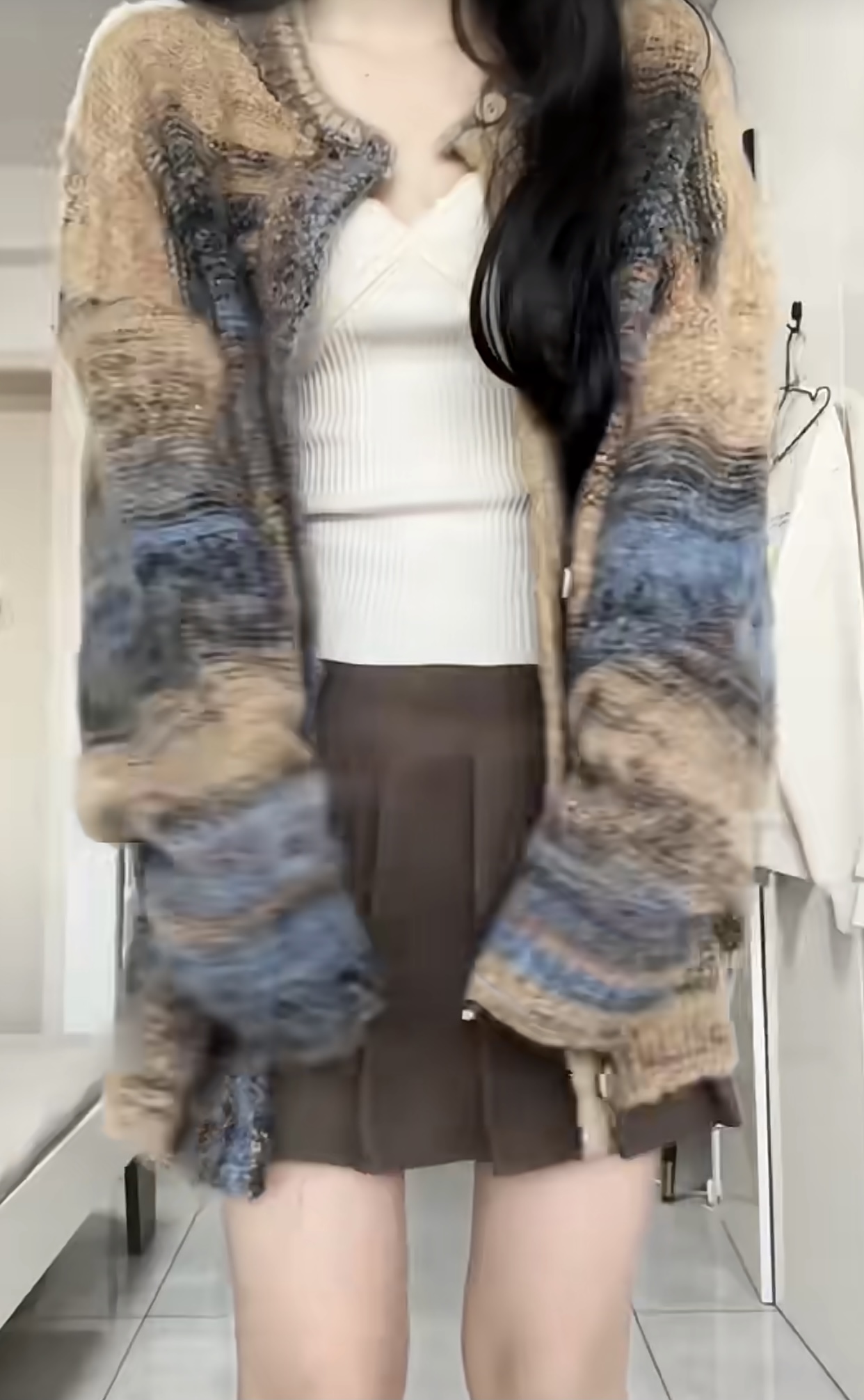 春裝搭配一整套時尚洋氣小個子茶系穿搭條紋針織衫半身裙兩件套