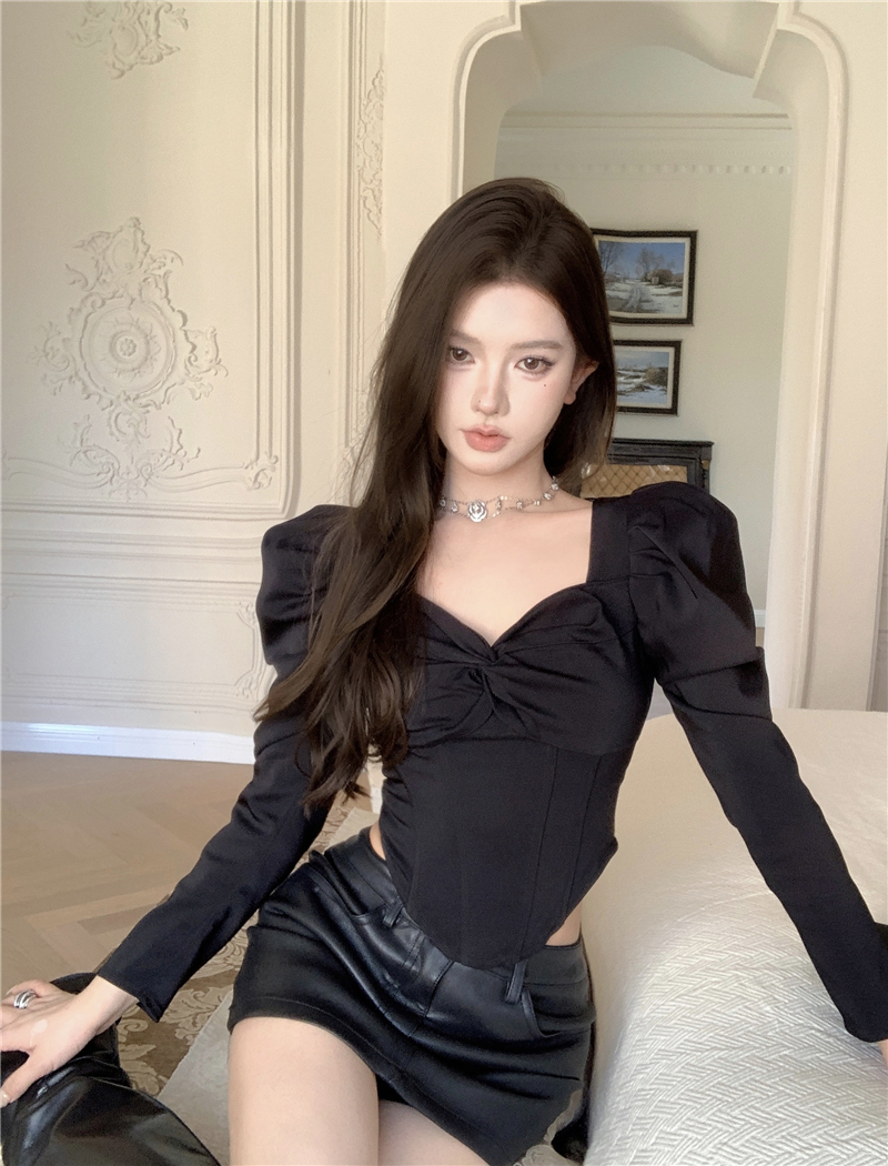 實拍~黑色泡泡袖V領打底衫百搭修身顯瘦長袖上衣女