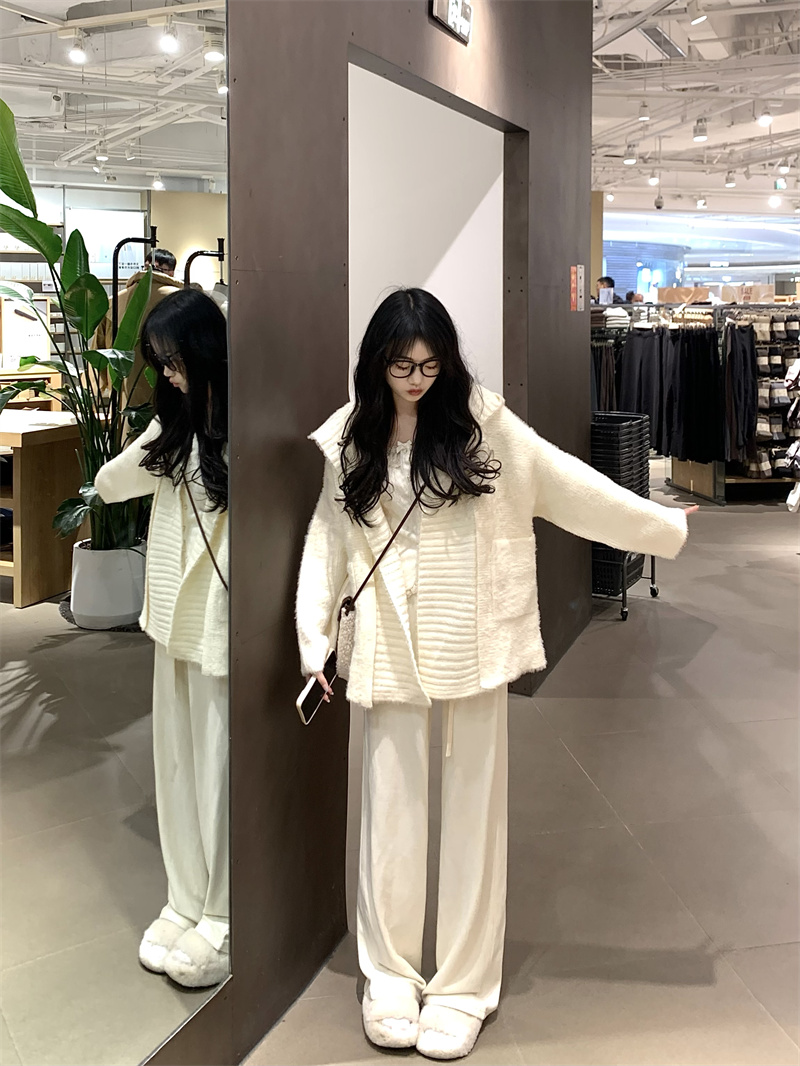 實拍#仿貂毛寬鬆長袖毛衣外套闊腿長褲女2023新款秋冬兩件套