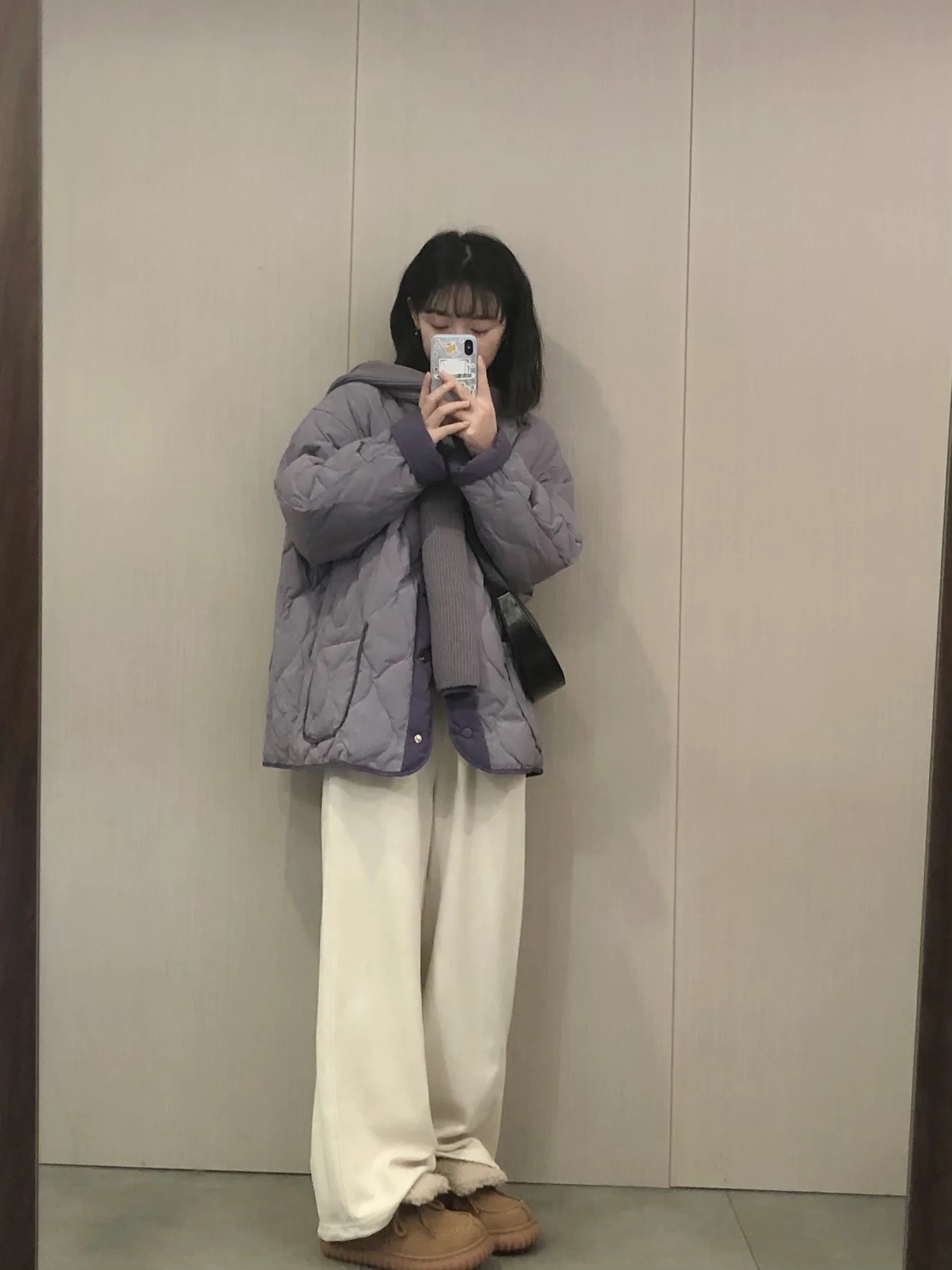 2023冬新款韓版紫色葫蘆花棉服女休閒寬鬆米色直筒褲顯瘦休閒套裝