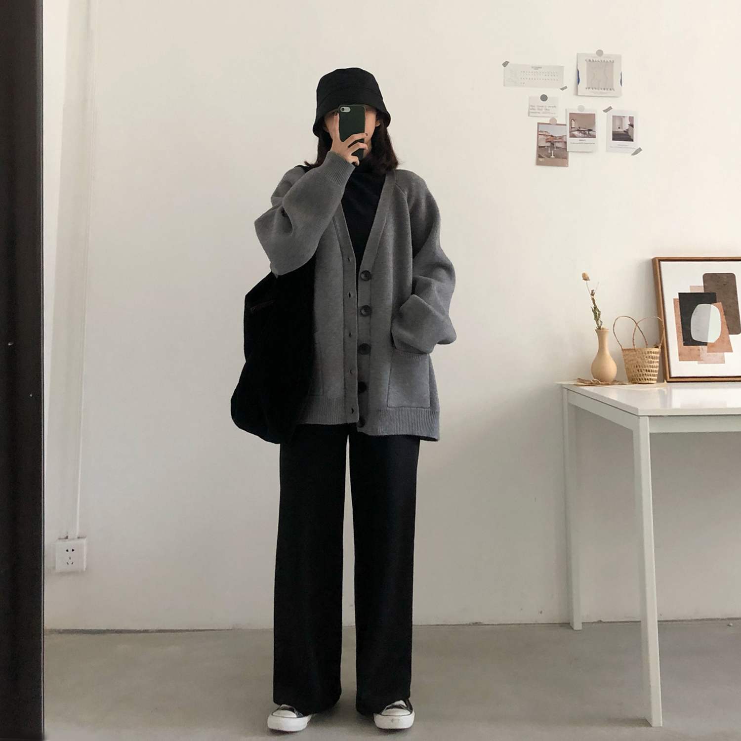 韓版chic早春新款學院風V領灰色毛衣外套女寬鬆慵懶外穿針織開衫