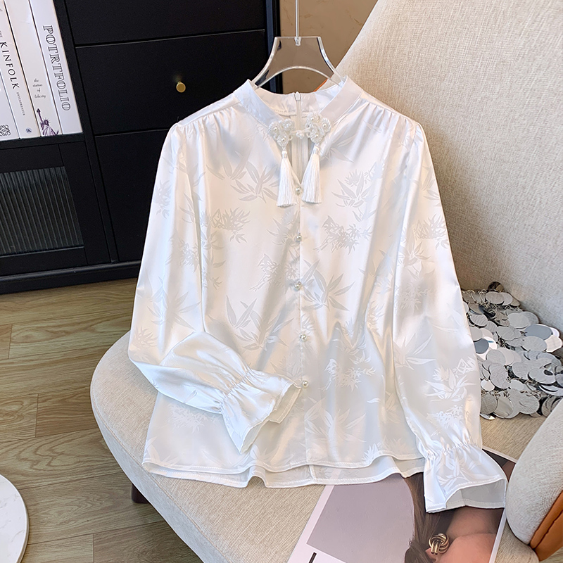 國風盤扣襯衫女新中式立領上衣2024春季新款釘珠流蘇長袖襯衣小衫