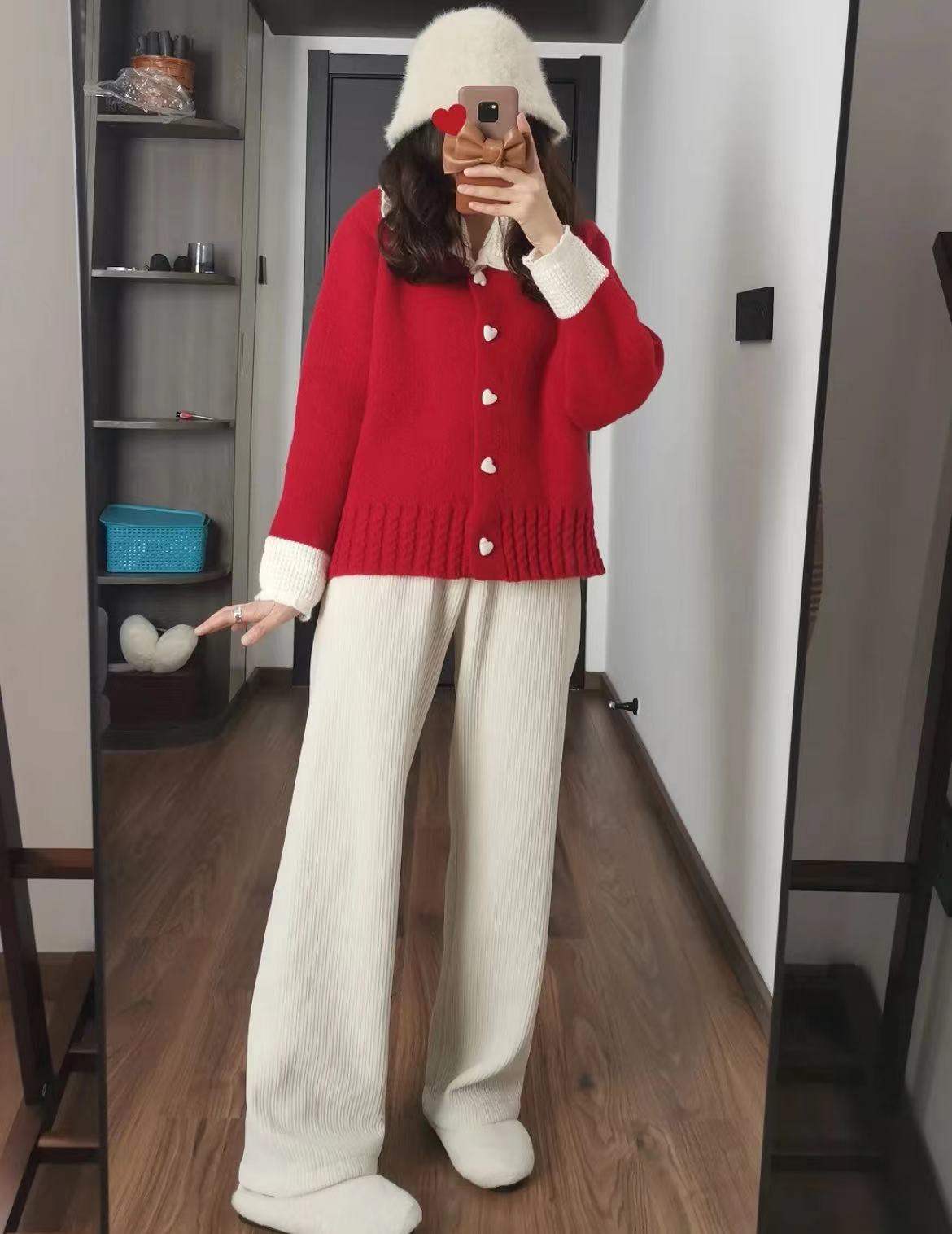 紅色毛衣女秋季2023新款設計感娃娃領撞色別致針織開衫外套秋冬裝