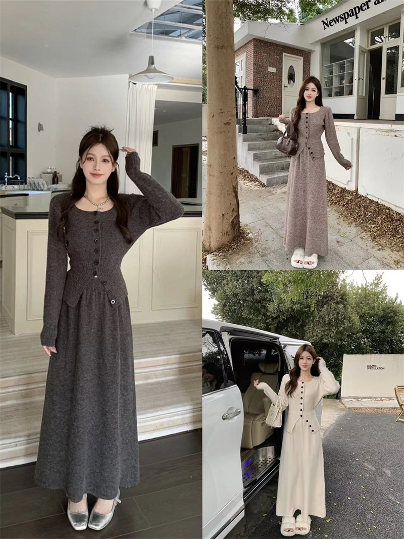 Actual shot~Fashionable Korean cardigan, bottoming shirt, sweater, knitted skirt, two-piece suit