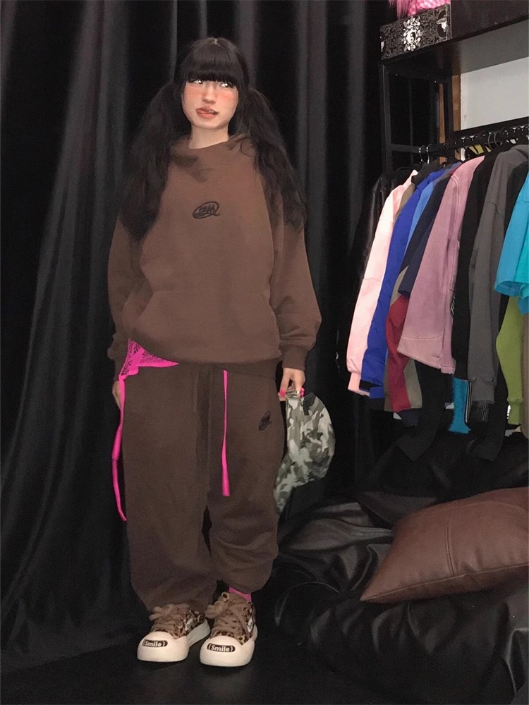 美式復古休閒運動服套裝女秋季高級感學生寬鬆連帽衛衣衛褲兩件套