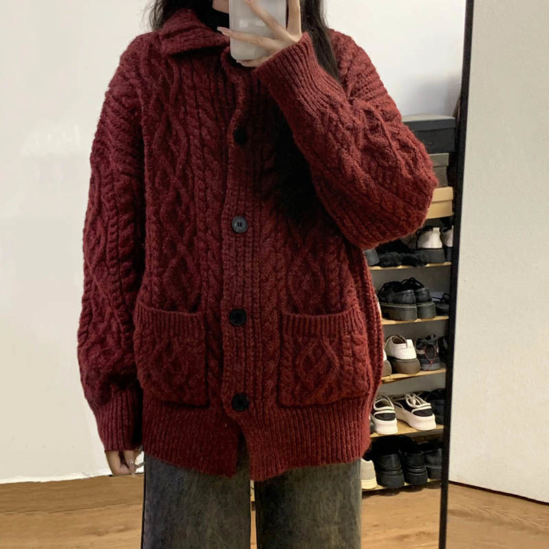 復古慵懶風翻領紅色聖誕毛衣外套女秋冬季寬鬆百搭氛圍感針織開衫