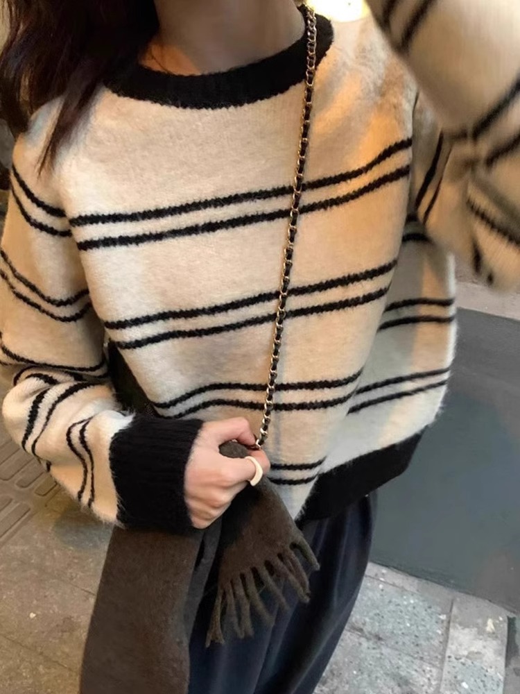 軟糯牛絨圓領套頭條紋撞色毛衣女冬季秋冬外穿內搭打底羊毛針織衫