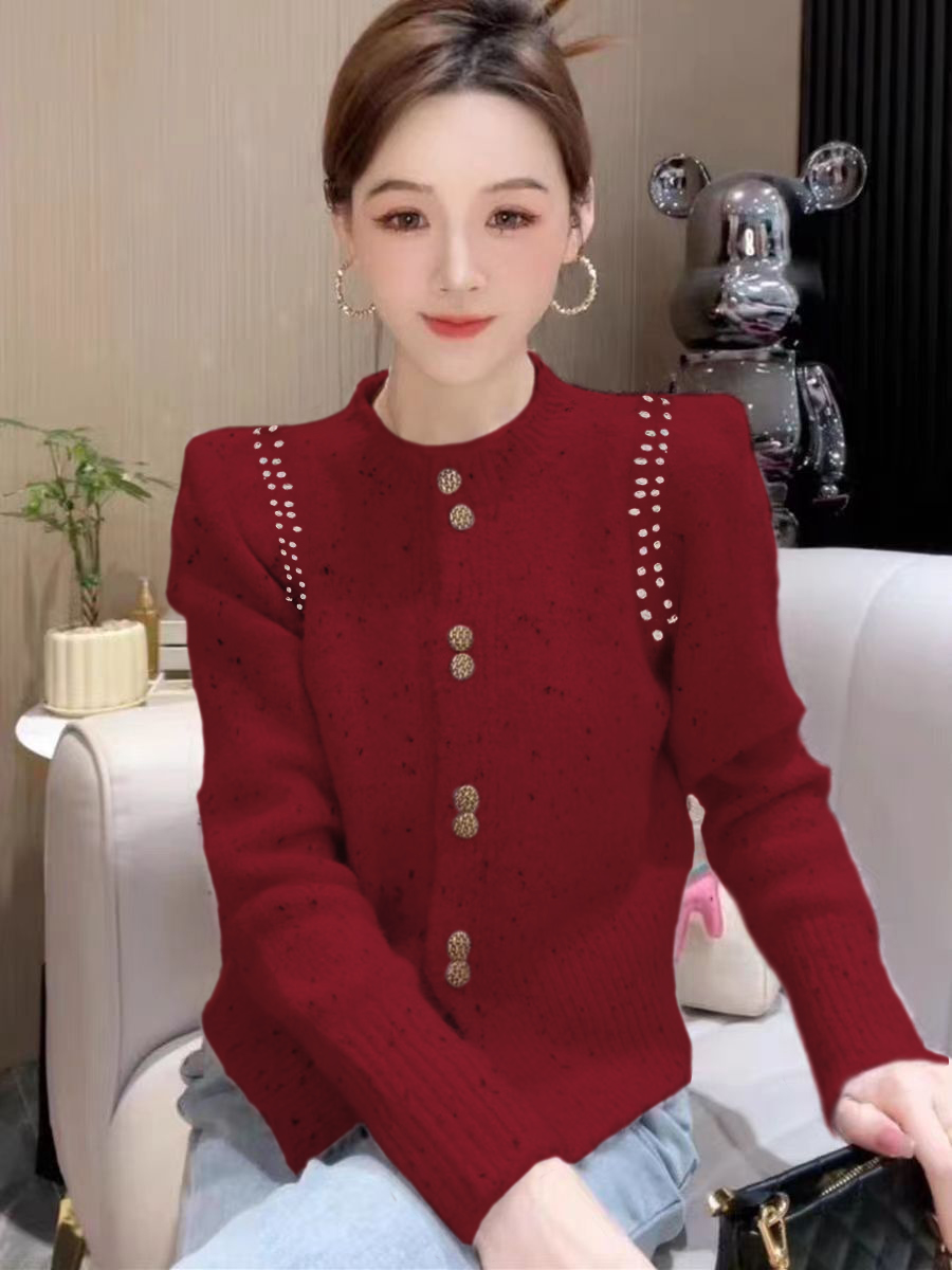 歐貨復古燙鑽毛衣開衫女2023秋冬季洋氣設計感氣質單排扣短款外套