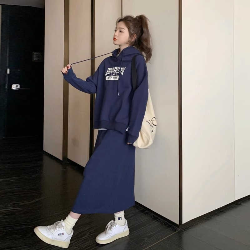 秋季大碼顯瘦洋氣減齡套裝裙女連帽衛衣半身裙兩件套胖mm200斤300