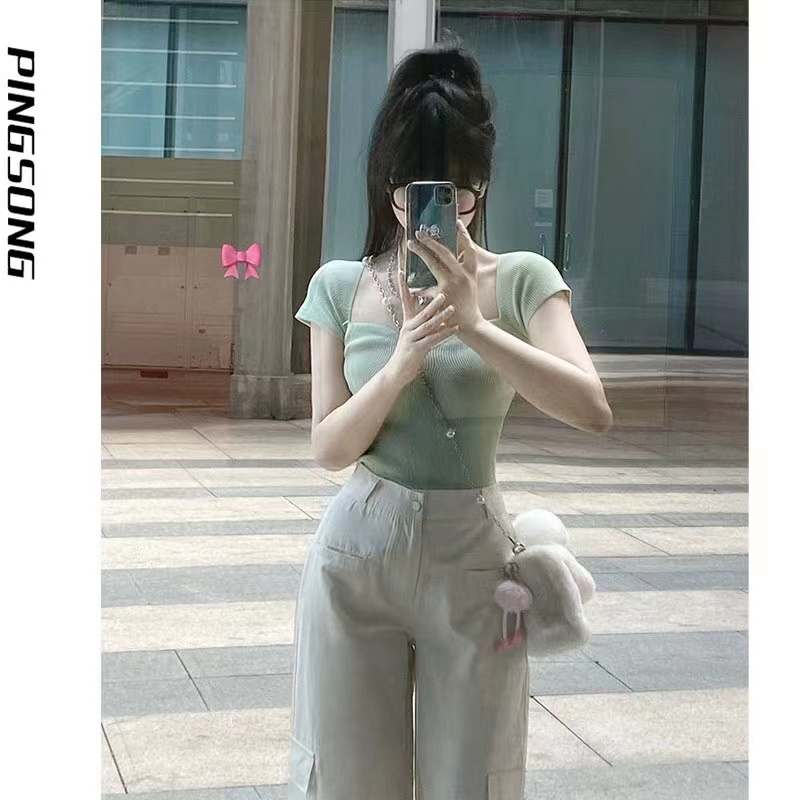 法式方領針織短袖t恤女2023新款夏季修身顯瘦薄荷綠純欲短款上衣