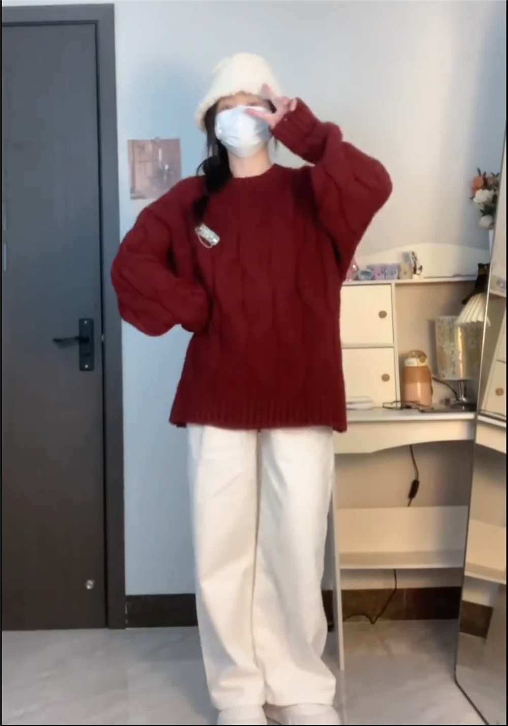 紅色毛衣白色褲子兩件套新款小個子秋冬季搭配顯高炸街兩件套裝