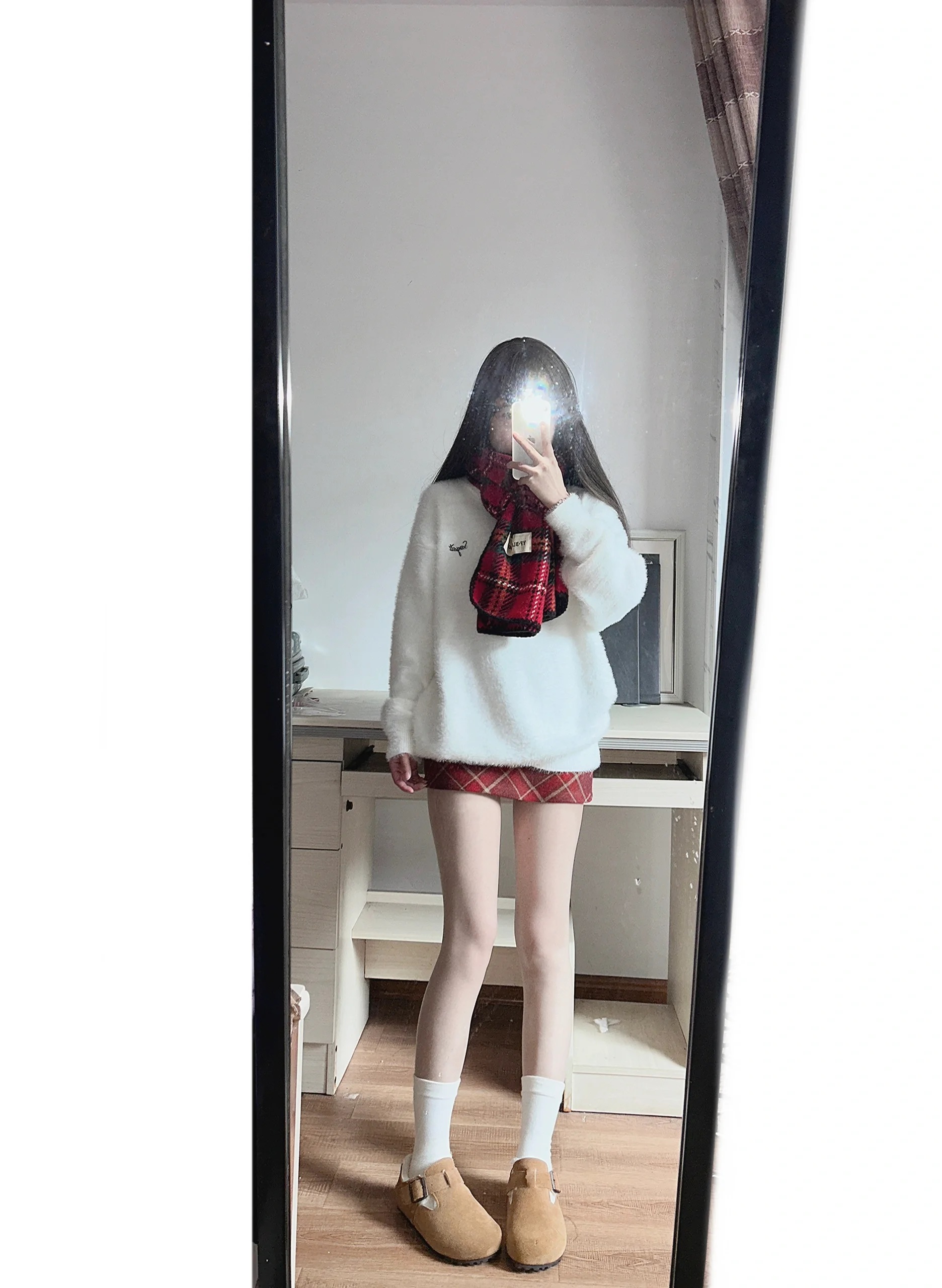 水貂絨套頭毛衣慵懶風秋冬小個子寬鬆外穿毛呢格子a字半身裙套裝