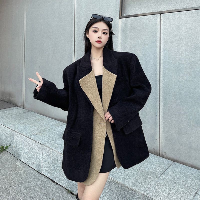 Black thickened woolen blazer women's autumn and winter color matching high-end loose woolen coat casual suit