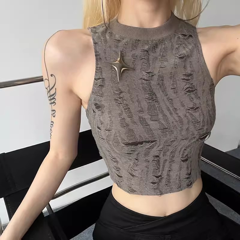 KLIOU 美式高街復古破洞無袖背心女短款顯瘦高腰露臍辣妹上衣 夏