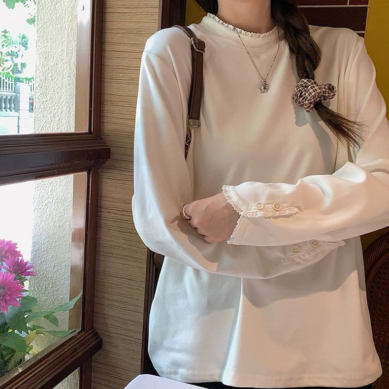 德絨韓版純欲辣妹打底長袖T恤秋季新款甜美內搭蕾絲拼接體恤上衣
