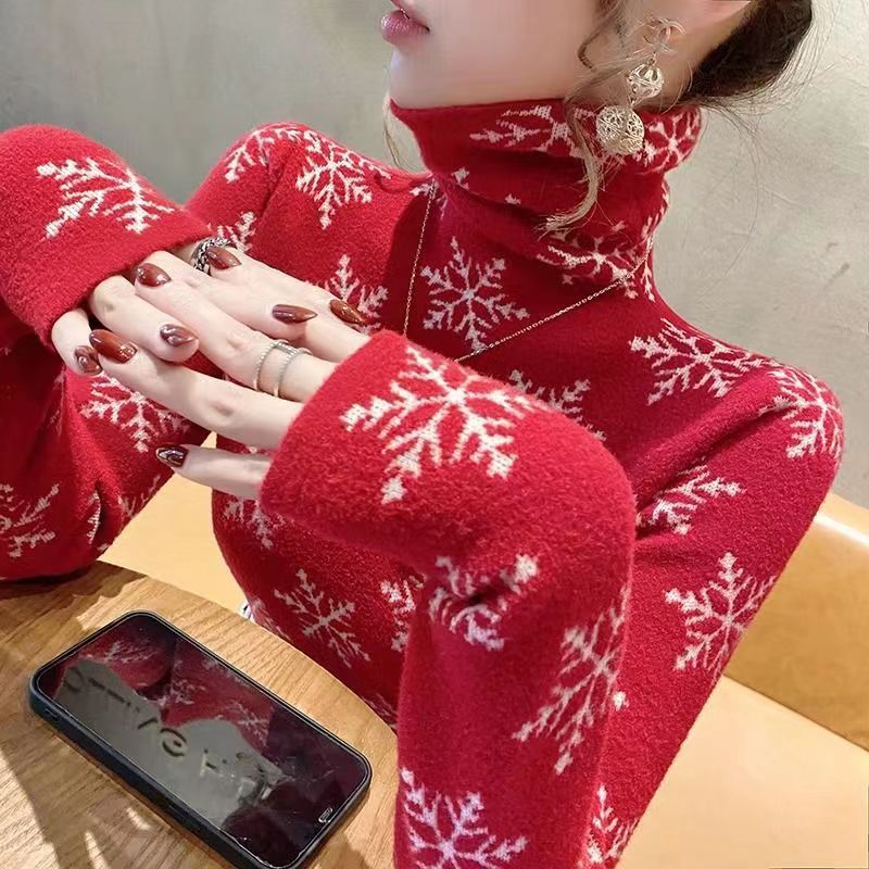 紅色新年雪花款高領打底衫女秋冬新款長袖修身百搭針織衫上衣潮