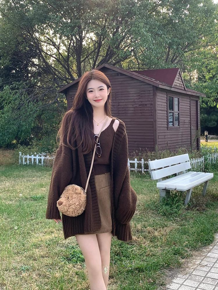 復古美拉德套裝慵懶風軟糯毛衣開衫女秋冬2023新款針織背心兩件套