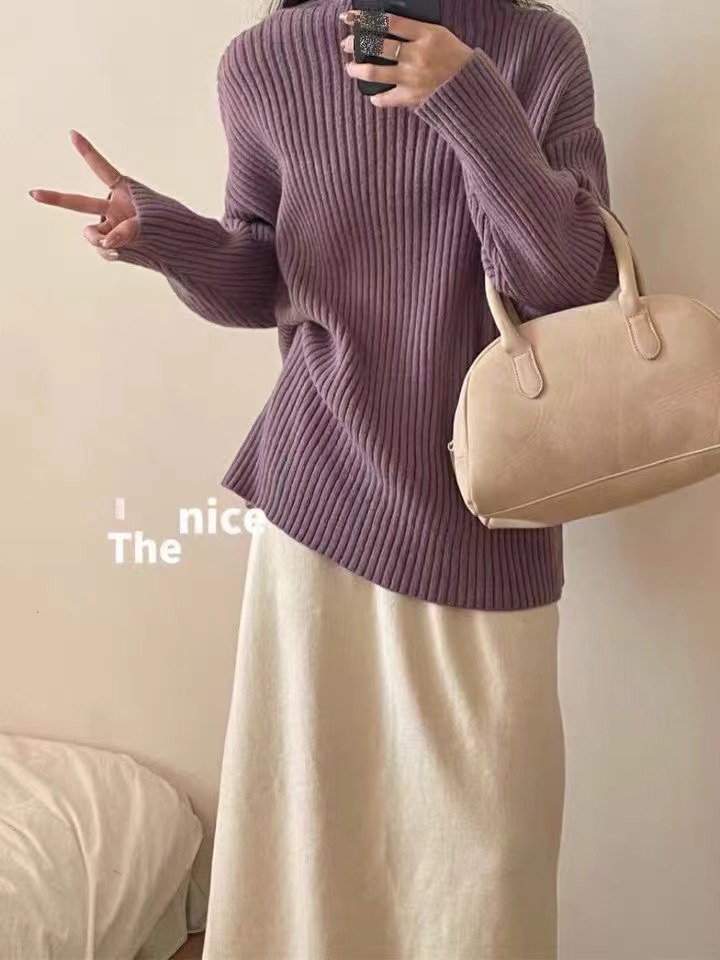 韓國半高領套頭毛衣女秋冬季23新款設計感寬鬆慵懶風針織衫上衣