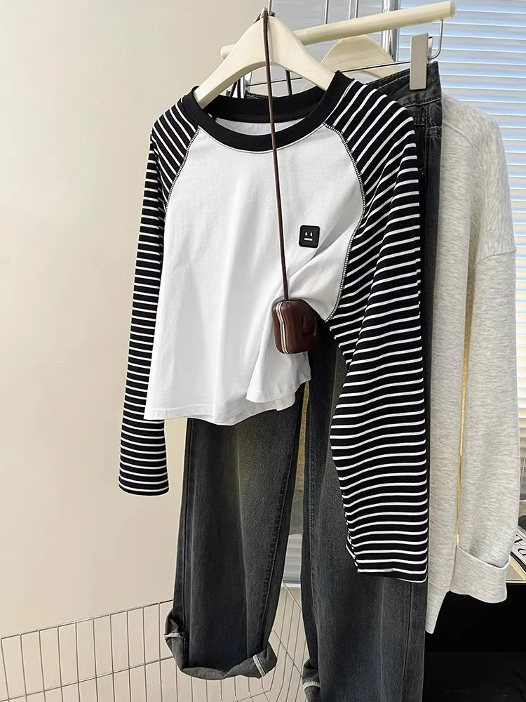 原版質量40s精棉260克2023秋冬條紋插肩短款袖長袖t恤女