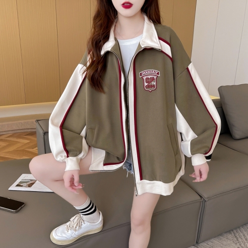 First real shot of pure cotton Chinese cotton | back collar | Korean style loose contrasting color sweatshirt stand collar jacket for women