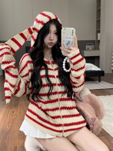 Actual shot ~ Niche design, playful and lazy, loose hooded bunny ears hollow knitted sweater sweater jacket