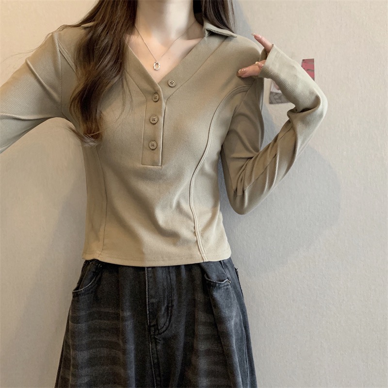 春季新款V領墊肩修身辣妹長袖polo衫女短款收腰小眾魚骨T恤