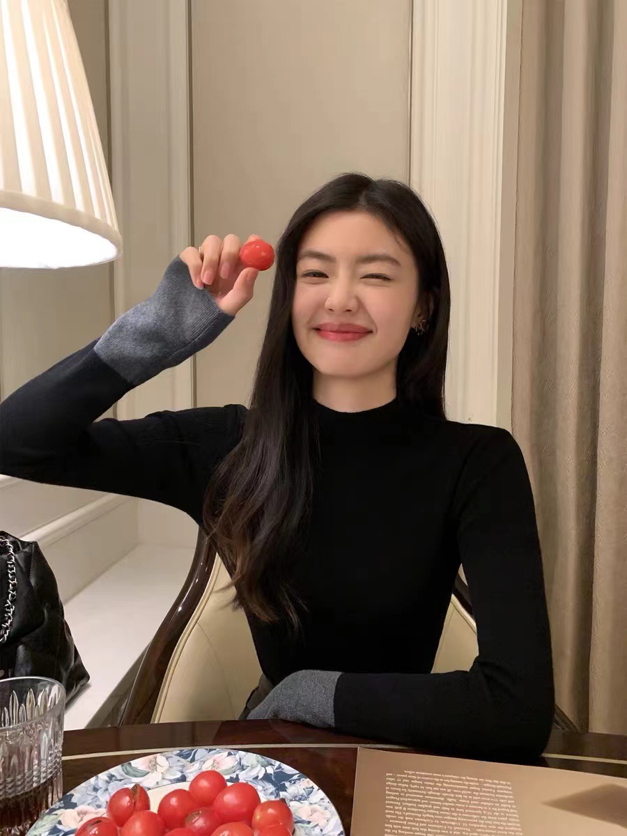 pusumede撞色長袖針織衫女設計感小眾修身顯瘦百搭氣質打底衫上衣