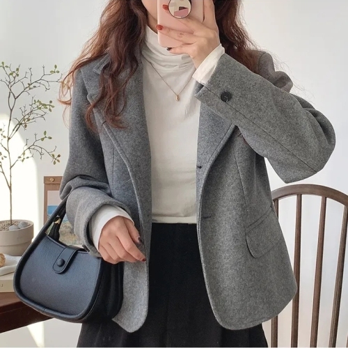 chic Korean style autumn and winter fashion retro suit collar woolen short versatile casual suit jacket