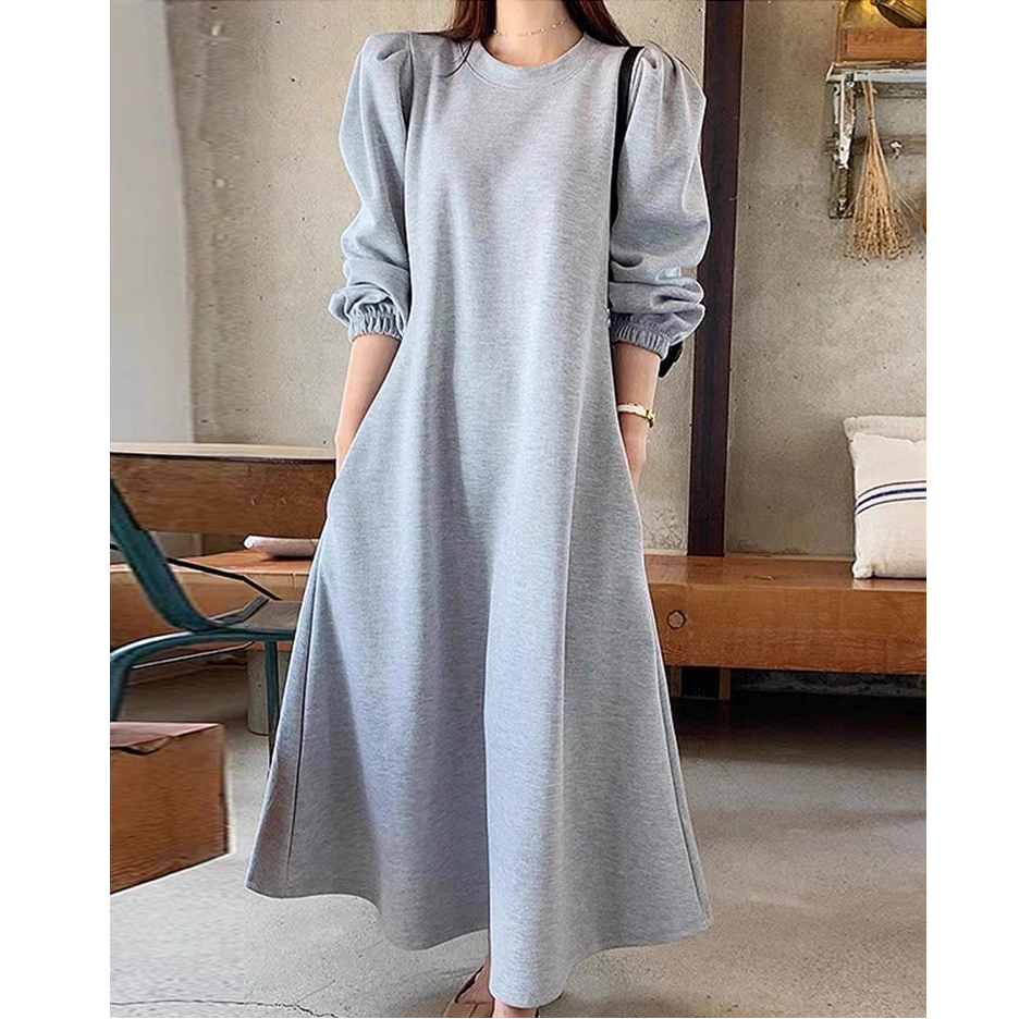 Korean chic autumn minimalist round neck double pocket waist slimming puff sleeve long sweatshirt dress for women