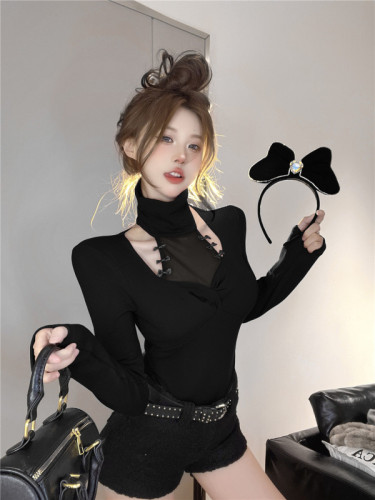Real shot - pure lust style bow mesh stitching with leaking collarbone T-shirt for women long-sleeved slim bottoming shirt