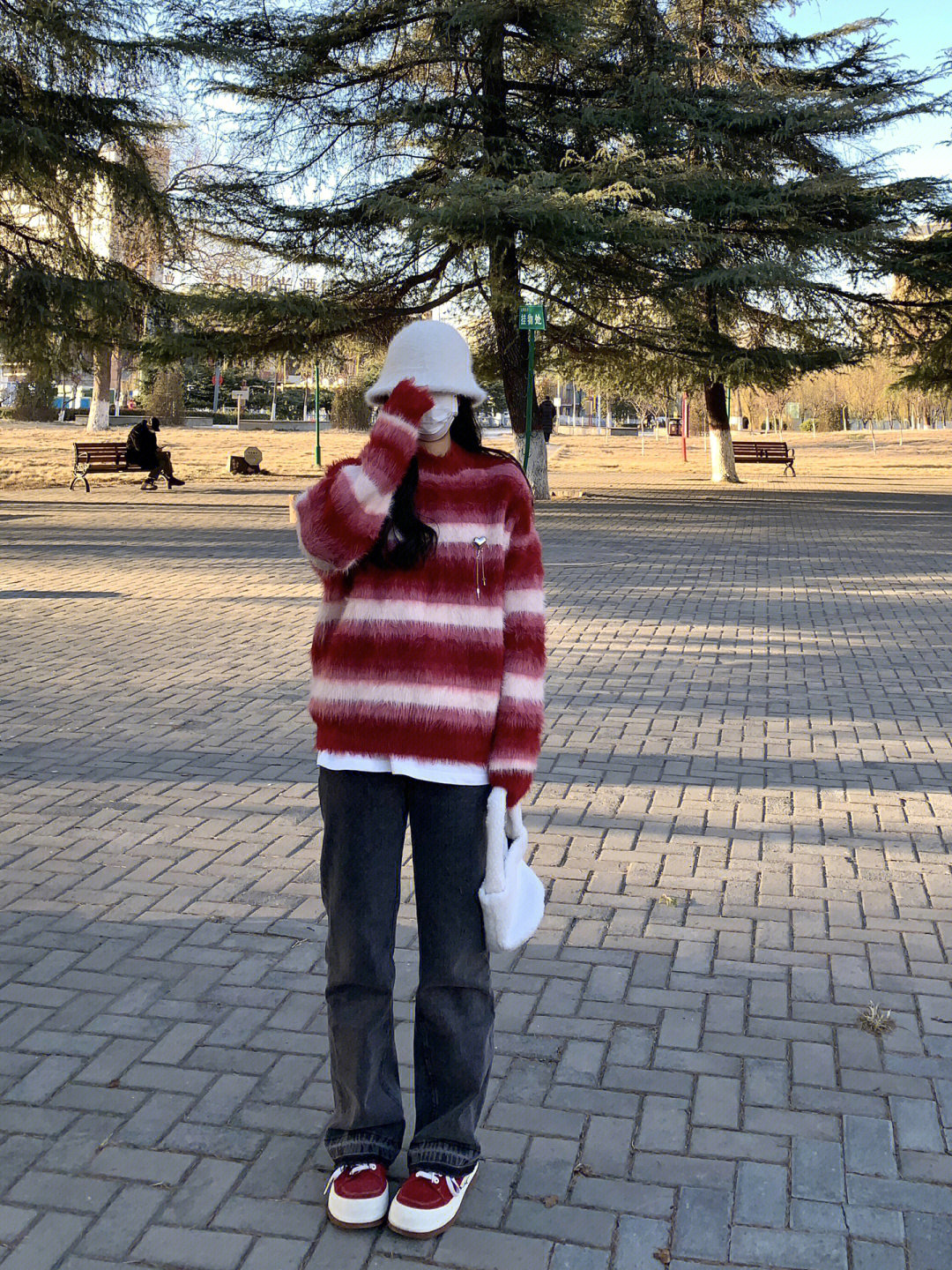 紅色條紋水貂絨軟糯仿貂毛套頭毛衣慵懶風針織牛仔褲兩件套裝女