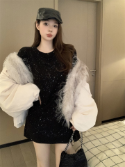 Photographed Autumn/Winter Thick Long-Sleeve Short-Sleeve T-Shirt Skirt with Reinforced Embroidered Diamond Decoration Loose Plain Crew Neck Top