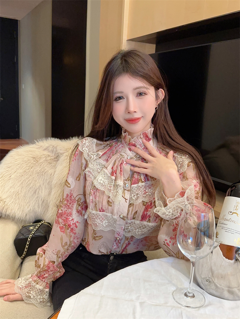 實拍 復古宮廷風氣質荷葉邊拼接設計感喇叭袖襯衫