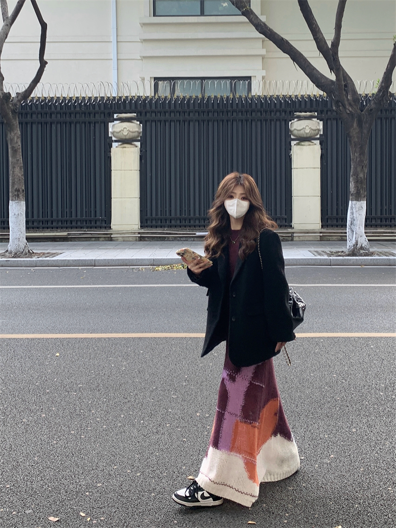 實拍#小眾設計感撞色針織連衣裙女秋冬長袖修身氣質內搭長裙