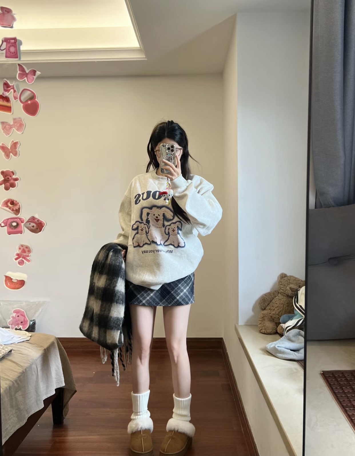 早春美式小狗圓領衛衣格子裙套裝小個子冬季搭配顯高炸街兩件套