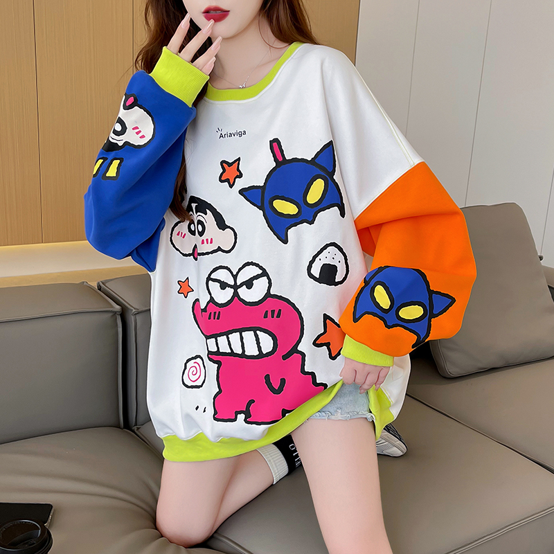 First real shot of pure cotton Chinese cotton back collar | Korean style loose contrasting color printed round neck sweatshirt for women