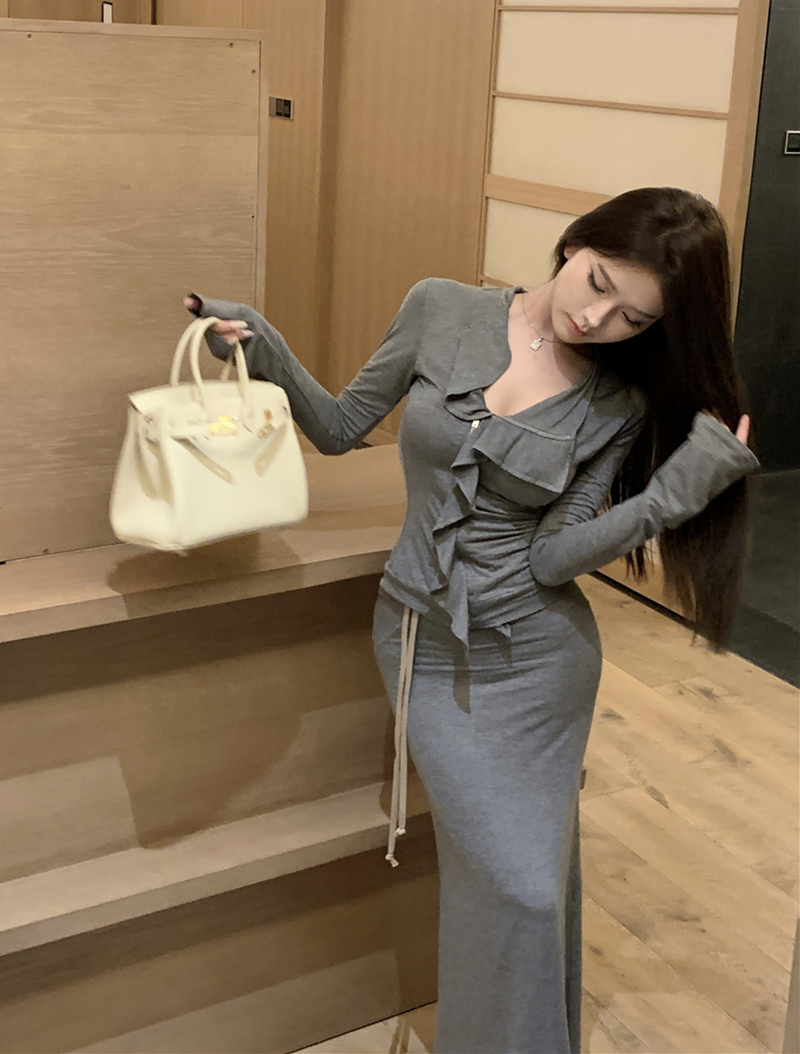 實拍復古性感荷葉邊修身上衣襯衫+包臀長裙兩件套女