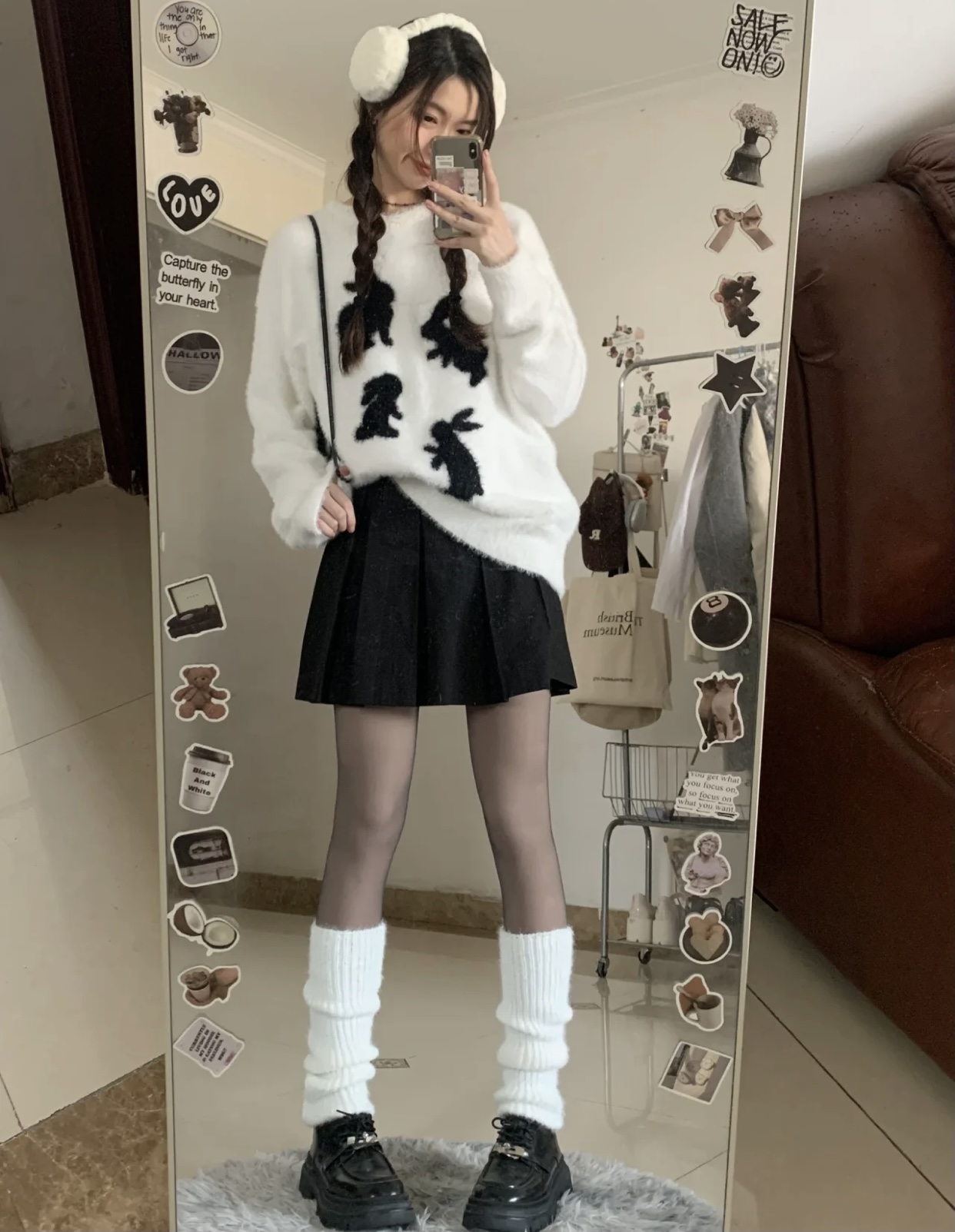 白色兔子毛衣黑色百褶裙兩件套軟妹甜美可愛少女毛衣配裙子套裝
