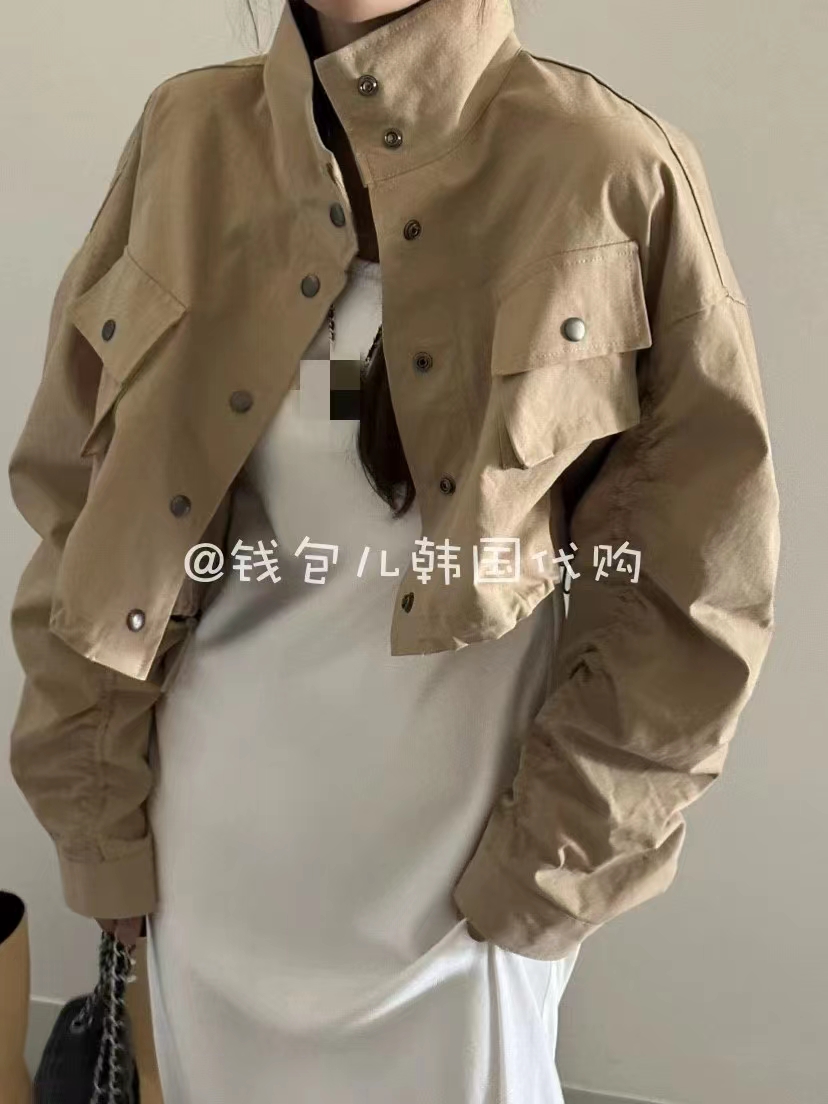Stand collar cardigan short coat for women 2024 early spring long sleeve thickened petite top