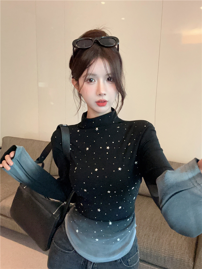 實拍~2023新款半高領設計感五角星星空圖案漸變色打底T恤衫女