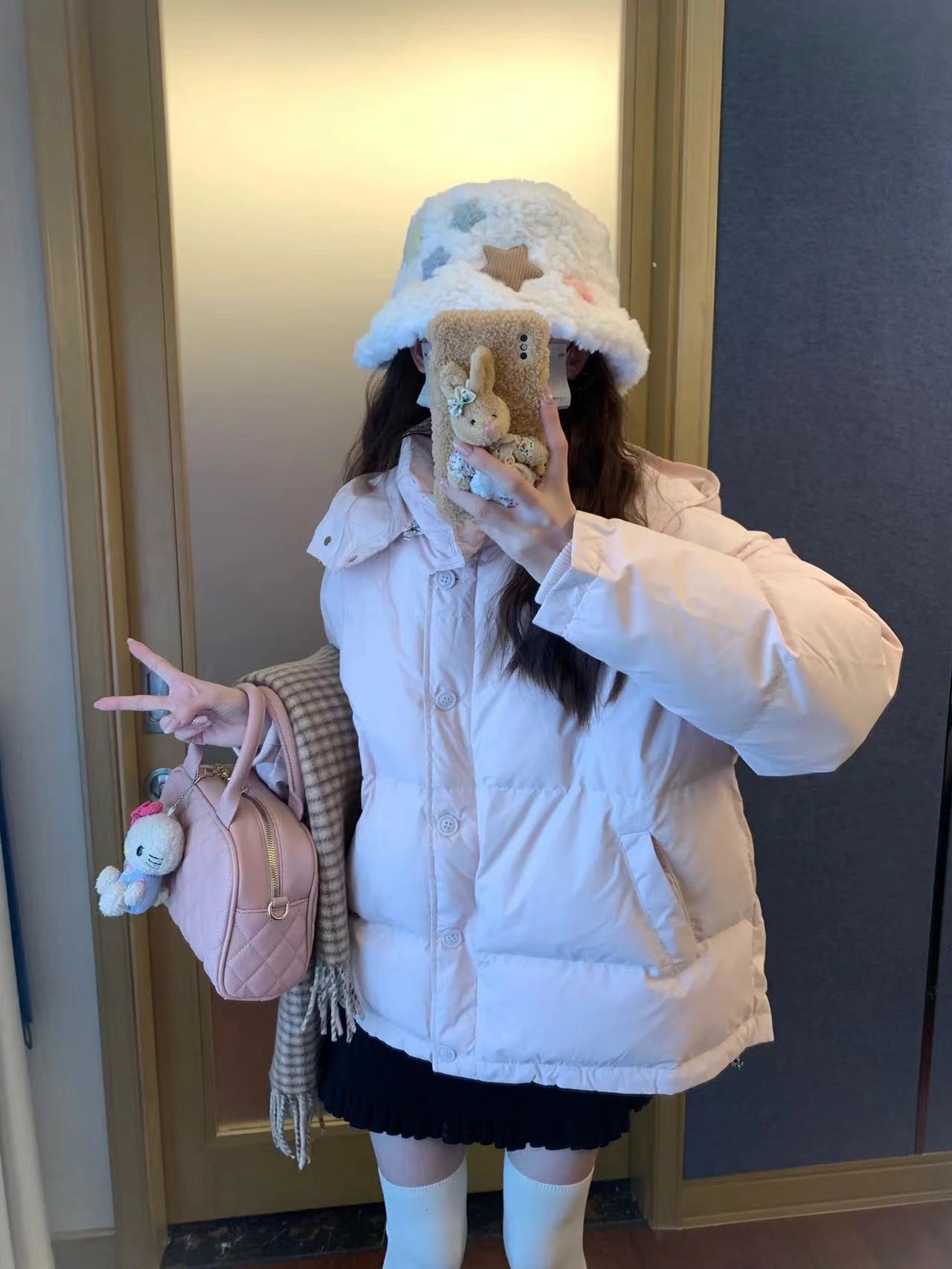 Pink cotton-padded jacket for women 2023 new winter short hooded light and thin thickened cotton-padded jacket for small people