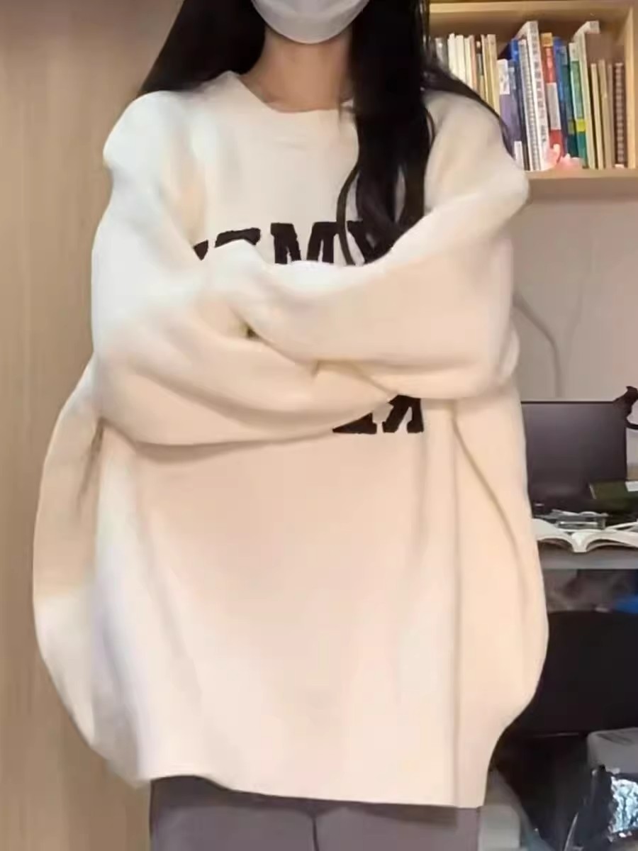 加厚款！美式復古流行圓領套頭毛衣刺繡字母寬鬆慵懶風針織秋冬女