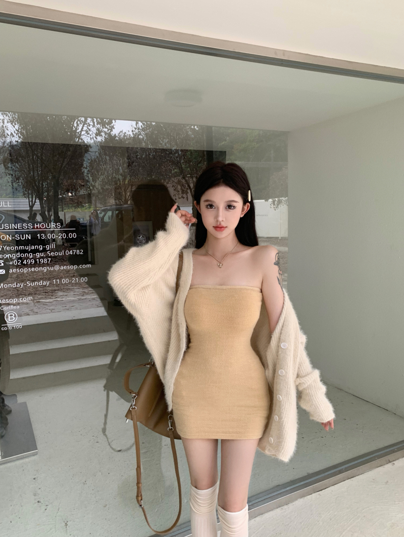 實拍  慵懶風軟糯毛絨絨毛衣外套+純欲心動抹胸連衣裙包臀裙