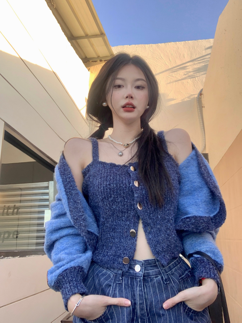 實拍 露腰針織開衫外套吊帶短款上衣慵懶精緻復古休閒套裝女