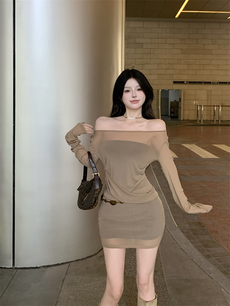 實拍 美式辣妹純欲顯瘦收腰露肩連衣裙
