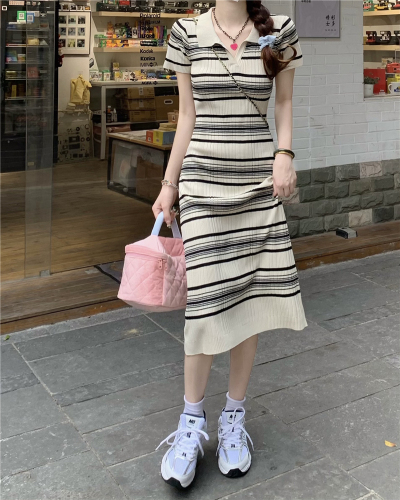 实拍 春季~2024年韩系条纹polo领针织连衣裙女气质裙子