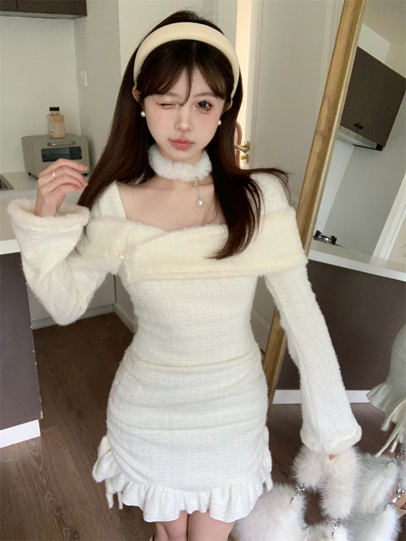 實拍~ 甜美長袖毛絨秋冬一字肩連衣裙女短款顯瘦