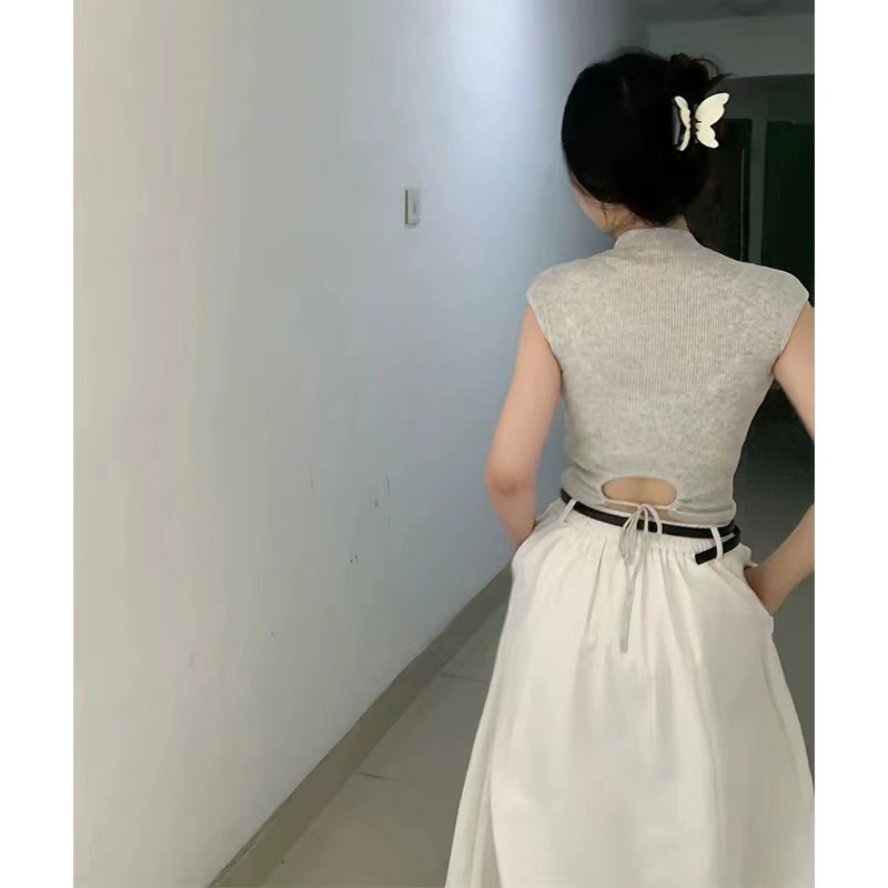 230712高級感鏤空露腰針織上衣女夏季灰色正肩收腰短袖T恤打底衫